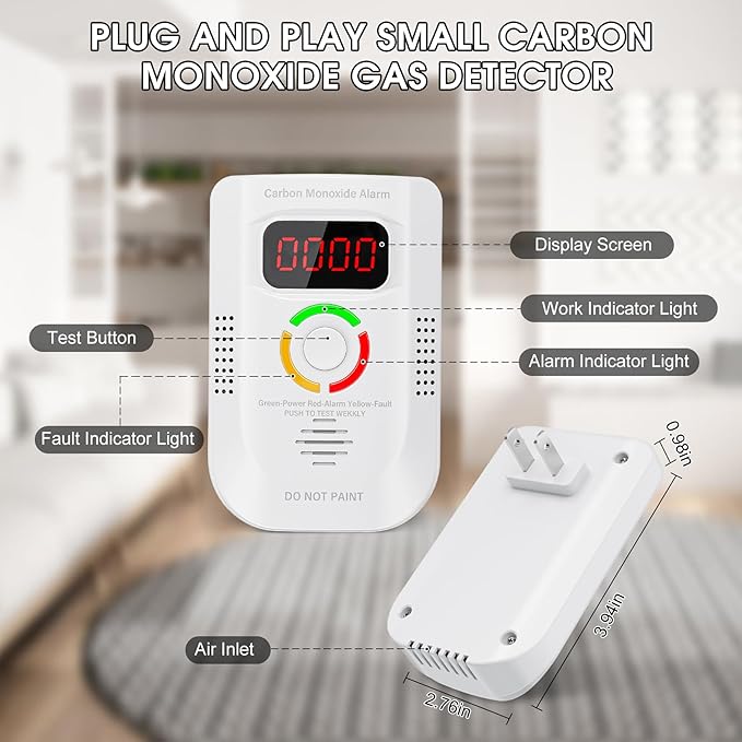 Carbon Monoxide Detectors Plug in, Carbon Monoxide Alarm with Digital Display LED, Portable CO Detector with Audible and Visual Alarm Test Mute Button, CO Alarm Monitor for Home/Kitchen/Hotel
