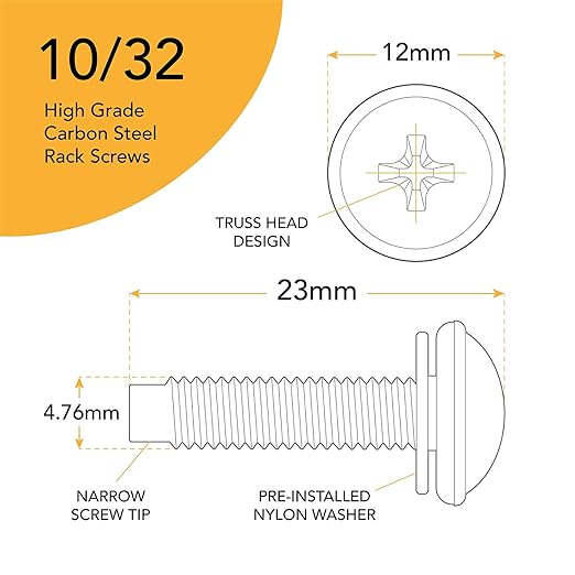 10-32 Rack Screws 115-Pack - Versatile Server Rack Accessories for Network Cabinets, Audio Mounts, Studs and Recording Studio Includes Nylon Washers. Perfect for Rackmounts