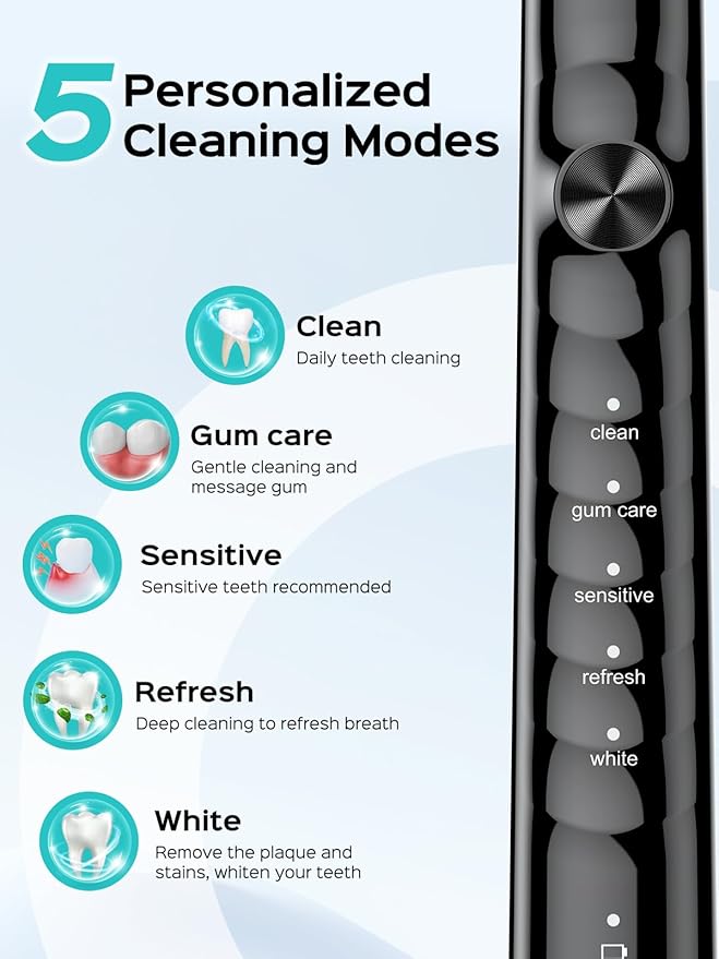 COSLUS Sonic Electric Toothbrush for Adults: 47000 VPM for Deep Cleaning & Whitening with Travel Case - 5 Modes for Sensitive Teeth & Braces, Wireless Charging, 6 Brush Heads, Black & Green (2PCS)