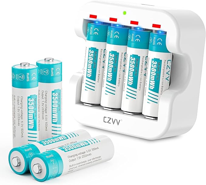 czvv Rechargeable AA 1.5V Lithium Batteries 8-Pack, Full-Recharged Long-Lasting 3500mWh High-Capacity 2300+mAh Dual A with Fast Charger Combo for High-Tech Devices, Blink Cameras, Cycle Times 1300x