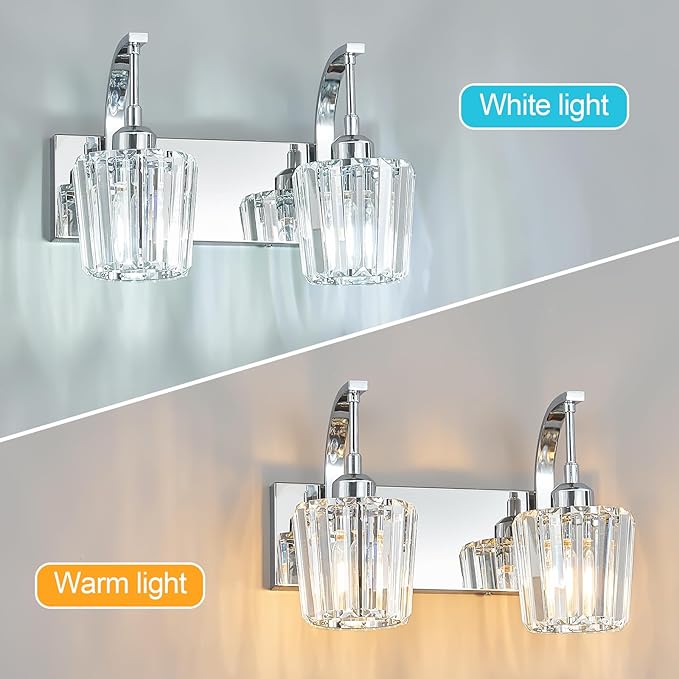 FDPBY Modern Bathroom Vanity Light, 2-Light Chrome Wall Sconce with Crystal Accents, Over Mirror Bathroom Lighting Fixture, 13.77" Long Dimmable Vanity Lamp for Makeup, Easy Installation