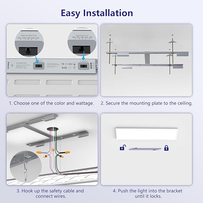 AIKVSXER 1x4 Led Flat Panel Light Surface Mount-2 Pack, 50W 5500Lm Dual Selectable 5CCT 3000K/4000K/5000K/5700K/6500K and Wattage 30-50W 0-10V Dimmable Ceiling Light Fixture for Kitchen/Laundry
