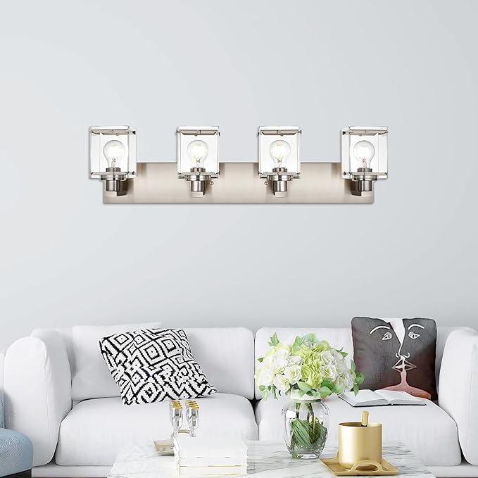 WINSHEN 4-Lights Bathroom Vanity Light Fixtures in Brushed Nickel, E26 Socket Wall Sconce Lighting Fixtures with Clear Glass Shades for Over Mirror Bedroom Living Room Cabinet