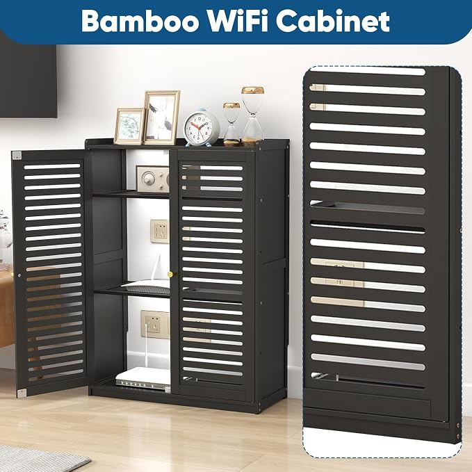 WiFi Router Storage Cabinet, Double Deck Floor Standing Modem Cabinet, Bamboo - Image 4