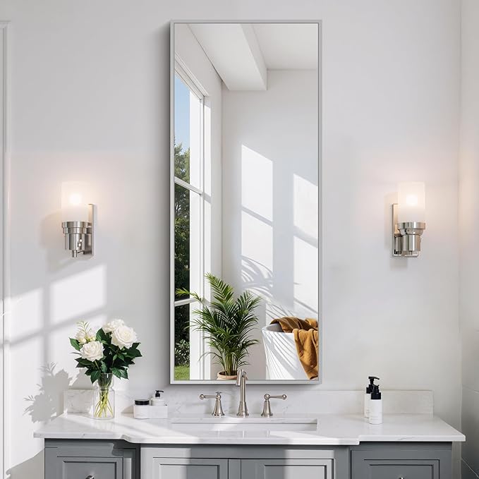 Silver Bathroom Mirror for Wall, 20x48 Inch Rectangle Mirror with Metal Frame, Modern Vanity Mirrors for Bathroom Living Room, Entryway Hangs Horizontal or Vertical