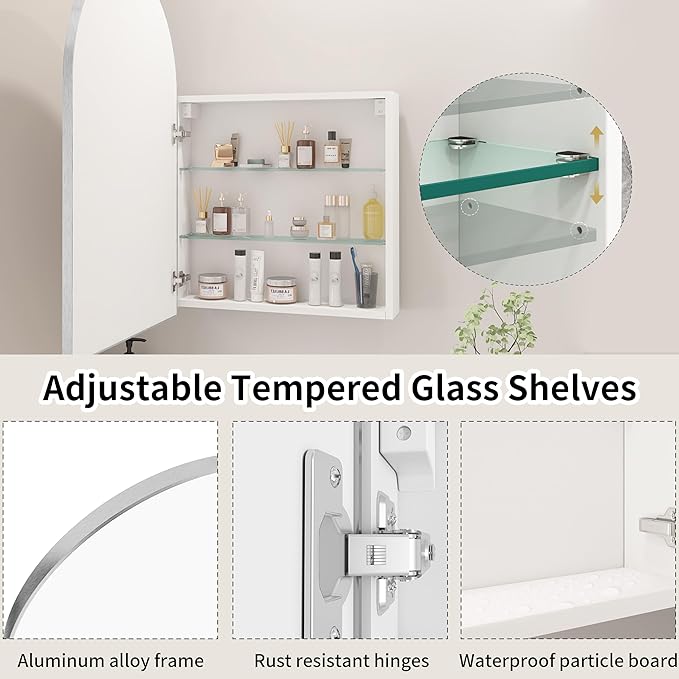 Bathroom Medicine Cabinet with Mirror Silver,Arched Wall Mounted Bathroom Cabinet with Mirror,Vanity Mirror with Storage,Mirrored Cabinet with Adjustable Shelves,Not Recessed,20x32 Inch
