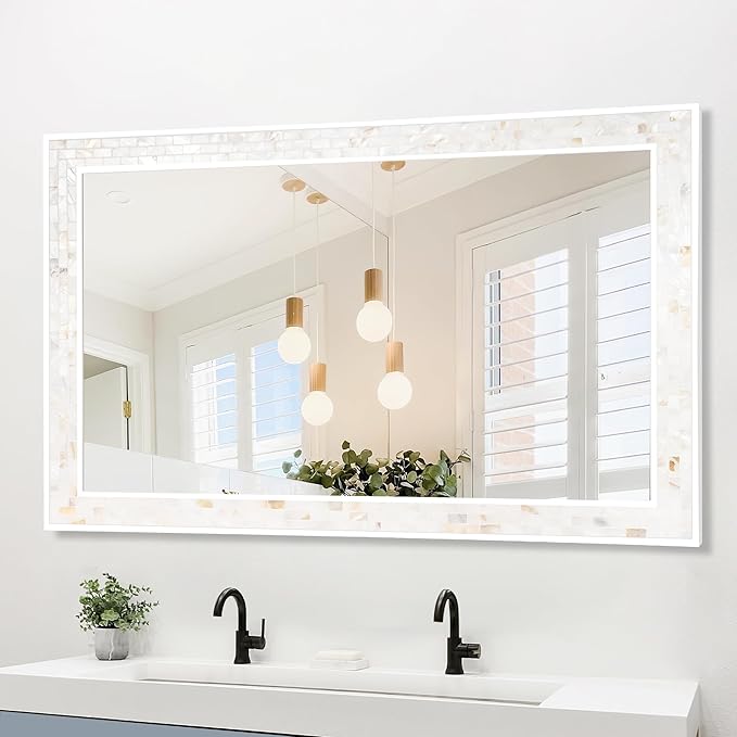 Tanmicoshomy 30 x 48 Inch White Bathroom Mirror, Natural Shell Framed Rectangular Mirrors for Bedroom, Living Room or Entryway, Wall Mounted Horizontal or Vertical Hanging