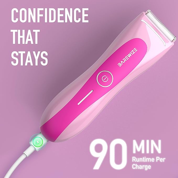 BAREWIZE Bikini Trimmer for Women, Electric Shaver for Women | LED Light, IPX7 Waterproof, USB-C Rechargeable, Ceramic Blade | Electric Razors for Women, Pubic Hair Trimmer Women (Petal Bonbon)