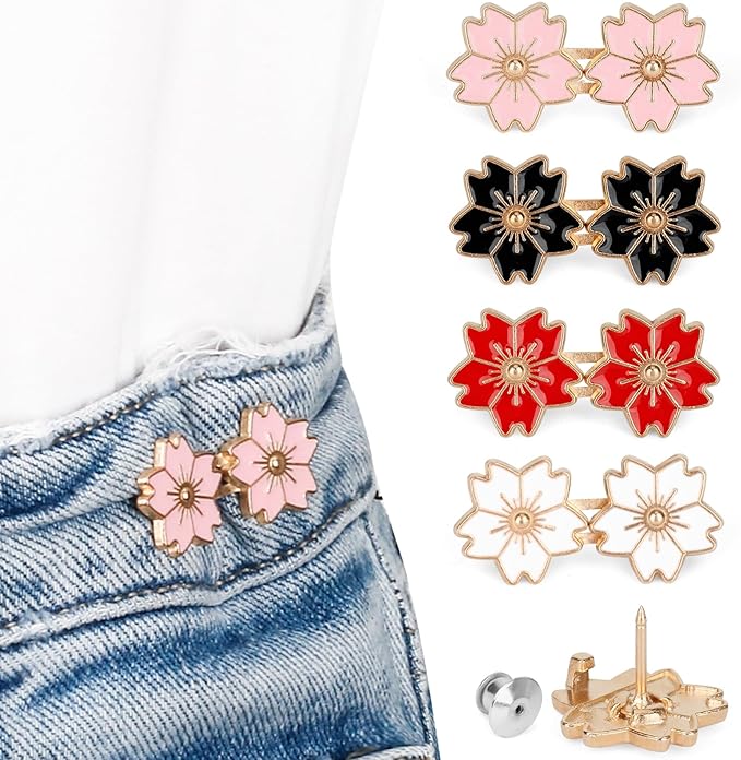 TOOVREN Pant Waist Tightener - Jean Button Tightener, No Sew & No Tools, Adjustable Instant Button Pins 4 Sets, Cherry Blossoms