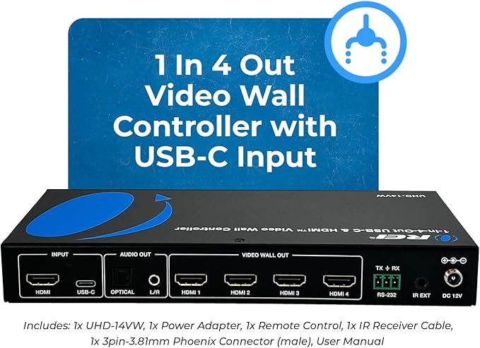 OREI 4K 2x2 HDMI or USB-C Video Wall Controller Processor Display Upto 4K 60hz 2x1, 1x2, 1x3, 1x4 Supports 180 Degree Rotate RS-232 Audio Extraction