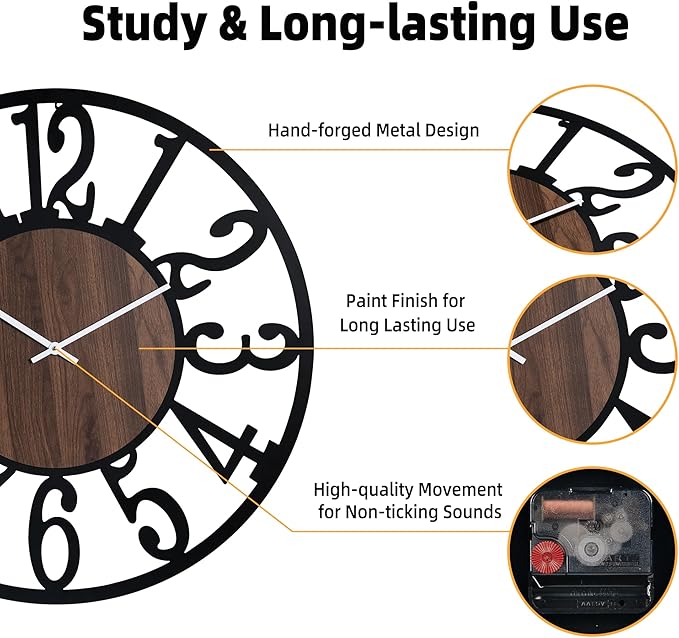 Casaformia 32'' Large Silent Wall Clock with Night Light, Glow in The Dark Decorative Wall Clock Battery Operated, Rustic Modern Metal & Wood Clocks for Bedroom Living Room Decor, Arabic Numerals