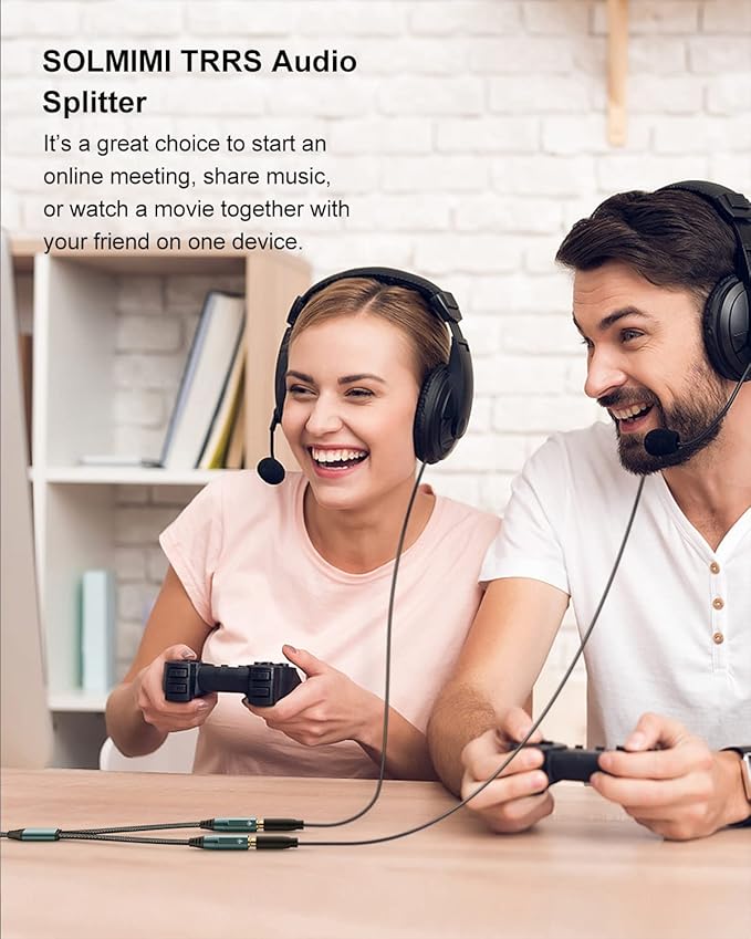 SOLMIMI Headphone Splitter (4 Feet) 3.5mm TRRS Male to Two TRRS Female Adapter Compatible with 2 Audio and Microphone Headsets to PC, Laptop, Android, Windows, Smartphones