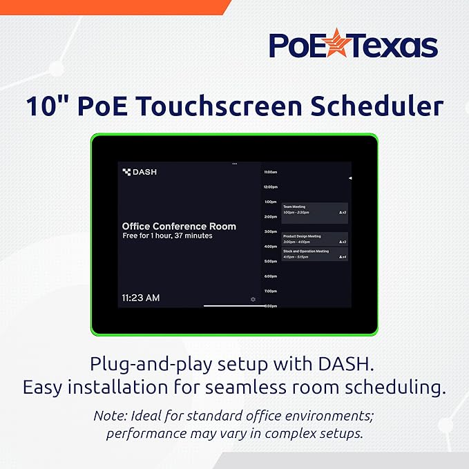 PoE Texas 10" Touchscreen Meeting Room Scheduler Tablet with Highly Visible LED Ring - Plug & Play PoE Office Conference Room Scheduler - Digital Display Syncs with Existing Business Calendar