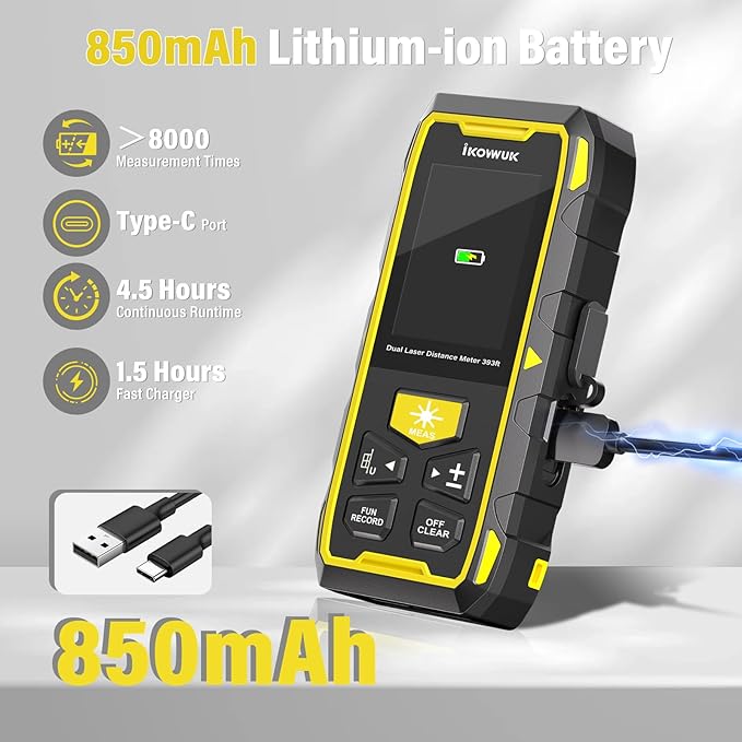 IKOVWUK Dual Laser Measuring Tool, 393FT/120M Bilateral Laser Distance Meter 6 Unit Switching, Rechargeable Digital Laser Measure with Backlit LCD Display, Angle Sensor, Multiple Measure Mode