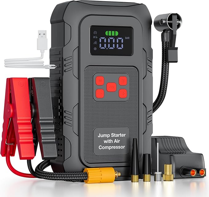 HPBS 6000A Jump Starter with Air Compressor, Portable Car Battery Jump Starter with 150 PSI Tire Inflator for Up to 10.0L Gas and 8.0L Diesel Engines, 12V Jump Box with LCD Display