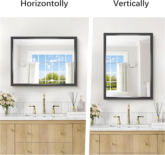 Black Bathroom Mirror, 18x24 Inch Rectangle Mirrors for Wall, 0.6" Thickened Deep Frame, Brushed Black Mirrors for Over Sink, Shatterproof Tempered Glass, Antirust, Horizontally or Vertically