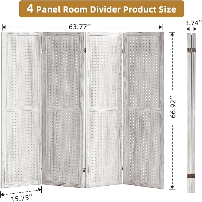 Asnefeli Pegboard Display Room Divider with 16 Hooks, 4 Panel 5.6Ft Wood Room Divider Folding Privacy Screen, Portable Freestanding Wall Organizer for Retail Craft Art Display Board, White