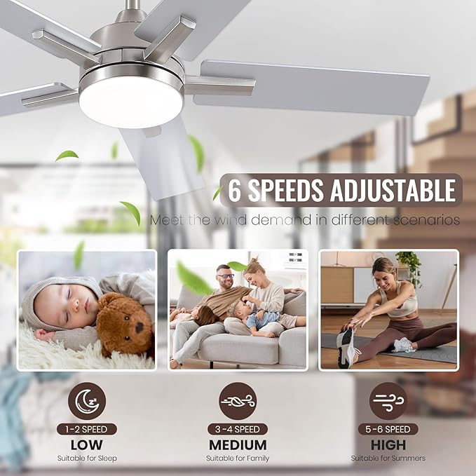 SODSEA Ceiling Fans with Lights, 42 Inch Nickel Ceiling Fan with Light and Remote Control, Reversible, 3CCT, Dimmable, Noiseless, Small Ceiling Fan for Bedroom, Indoor/Outdoor Use