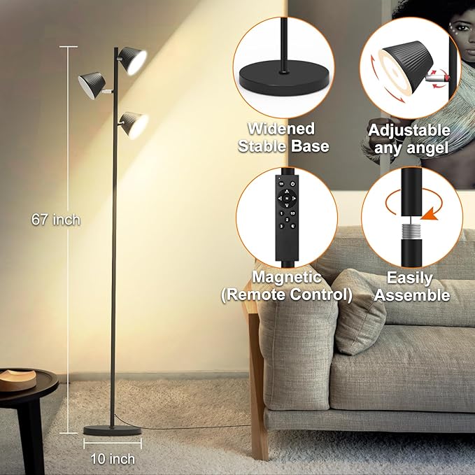 Pesken 42W LED Tree Floor Lamp, 4500 Lumens Dimmable Standing Lamp with Remote & Touch Control, Modern Super Bright 3 Rotatable LED Light Floor Lamps for Living Room, Bedroom, Office