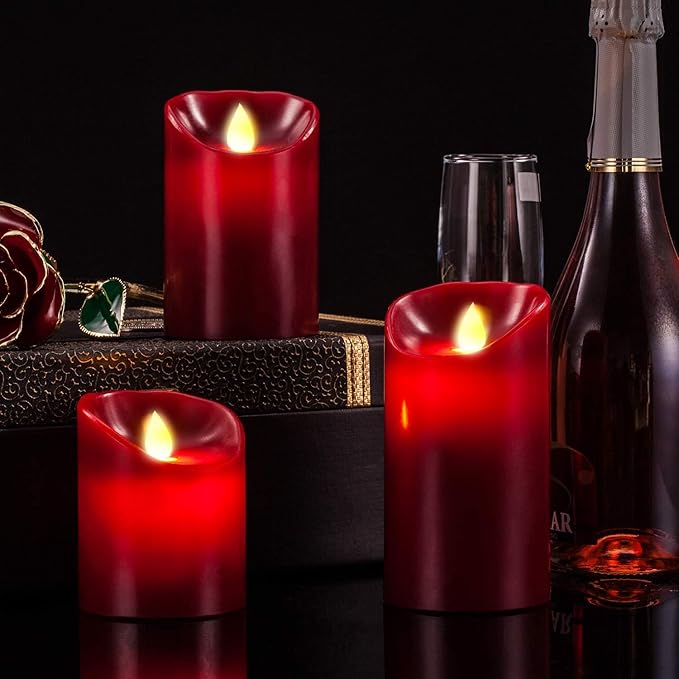 Flameless LED 4/5/6-Inch Drip-Less Wax Pillar Candles - Real Wax & Real Flickering Candle Motion - with Remote 24-Hour Timer Function,Burgundy Color,Sets of 3