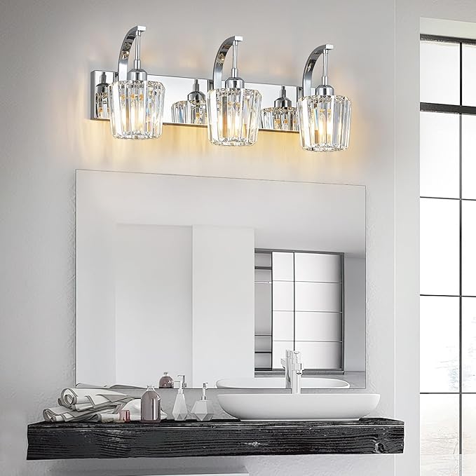 FDPBY Modern Bathroom Vanity Light, 3-Light Chrome Wall Sconce with Crystal Accents, Over Mirror Bathroom Lighting Fixture, 23.62" Long Dimmable Vanity Lamp for Makeup, Easy Installation