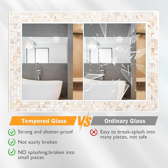 Tanmicoshomy 30 x 40 Inch White Bathroom Mirror, Coastal Natural Shell Framed Rectangle Mirrors for Bedroom, Living Room Wall Decor, Horizontal or Vertical Hanging