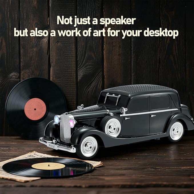 WS-1934 Retro Classic Car Bluetooth Replica Speaker – Wireless HD Sound with FM Radio,TWS Stereo,LED Party Lights,Built-in Microphone Hands-Free Call, Surprise Portable Gift for Party Use(Black)