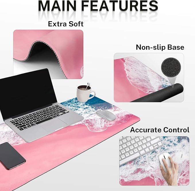 Britimes Blue Sea Keyboard Mouse Pad Set Pink Sand Beach 4in1 Large Mousepad+Keyboard Wrist Rest+Mouse Wrist Rest+Coaster Set with Ergonomic Design for Home Office Computer 35.4x15.7 inches