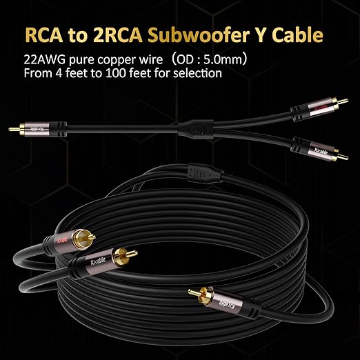 RCA Y-Adapter Splitter Cable (2 Pack-4FT+4FT), 1 RCA Male to 2 RCA Male Stereo Audio Subwoofer Cable, Bi-Directional, for Home Theater, Hi-Fi System, Amplifier, Speaker, 24K Gold Plated, OD:5.0MM