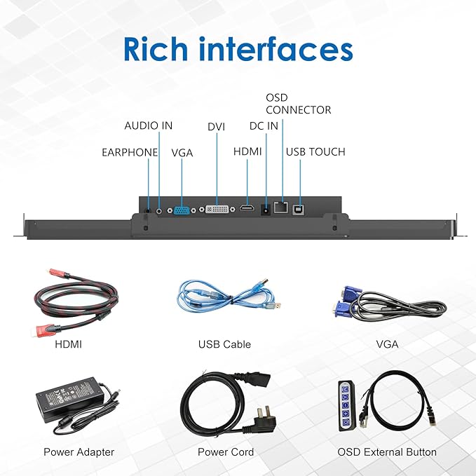 High Brightness 15.6 Inch Industrial Outdoor Open Frame Touch Screen Monitor Wall Mount Embedded Touch Monitor - VGA+HDMI+DVI Port - 16:9