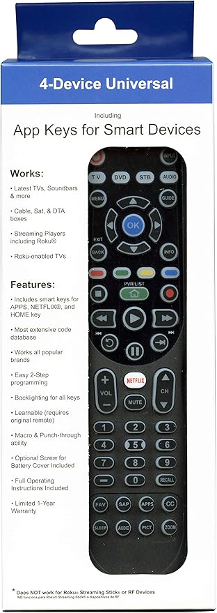4-in-1, 4-Device IR Universal Remote Control with Macro, Learning, Backlit, Netflix Apps Keys for All TVs, Streaming Players, BluRay Player, Audio, Cable, Roku, Apple TV and More - Anderic RRU401