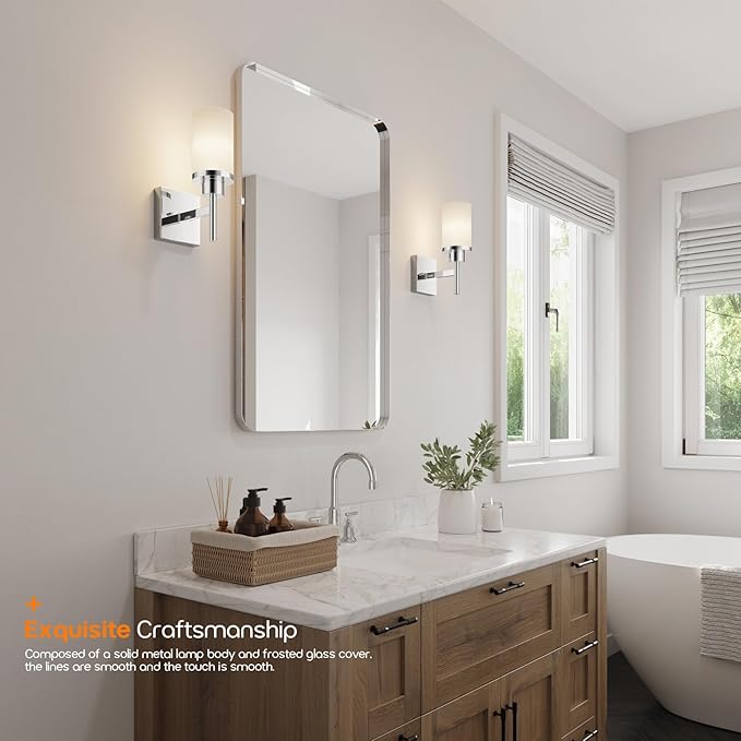 AONEON Vanity Lights Polished Chrome Bathroom Light Fixtures with White Frosted Glass Shade, Wall Sconces for Mirror Hallway Entrance, 2 Pack T001CH-L1-P2