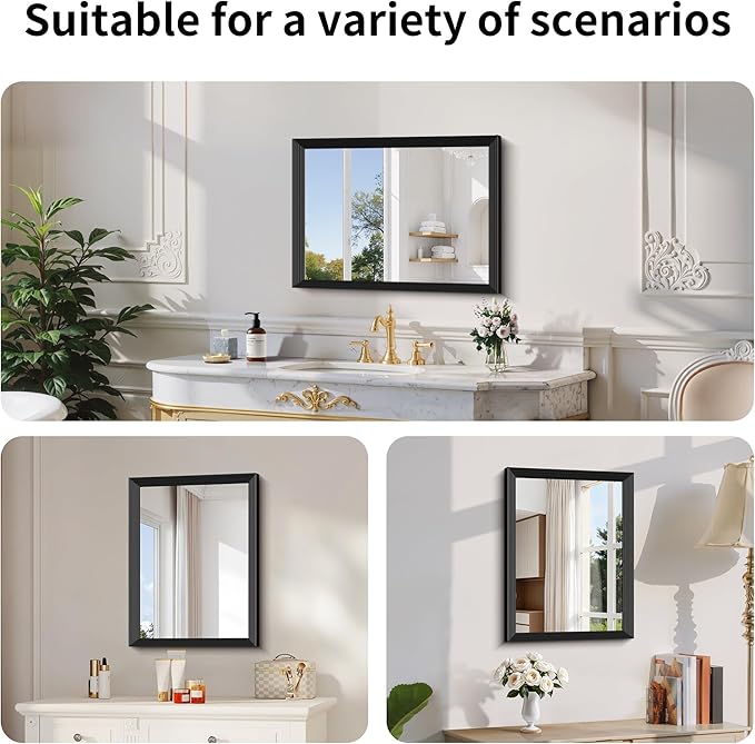 Black Bathroom Mirror 18 x 24 Inch Rectangle Wave Beveled for Wall Bathroom Vanity Mirror for Over Sink, Tempered Glass,for Entryway Hangs, Bathroom Living Room Horizontal or Vertical