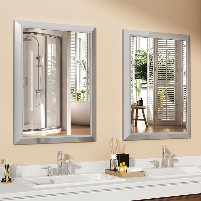SMIROR Brushed Silver Bathroom Mirror for Over Sink, 24”x 36” Metal Thick Framed Rectangle Vanity Mirror for Wall, Right Angle Corner, Anti-Rust, Horizontally or Vertically Mounted
