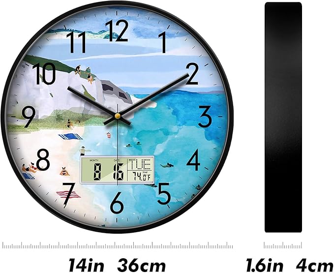 SCOAGE Silent Wall Clock with Temperature Day and Date Blue Mountain and Sea Beach Non-ticking Kitchen Clock Digital Large Display Battery Operated Clocks Decor for Bathroom Living Room Office 14 Inch