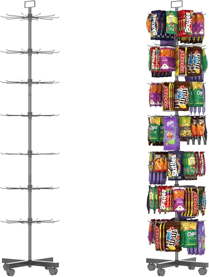 YEOOE Retail Display Racks 7 Tier Spinning Display Stand, Movable Shop Spinner Rack with Hooks, Retail Display Stand for Jewelry Keyring Hats Socks Toys (Black)