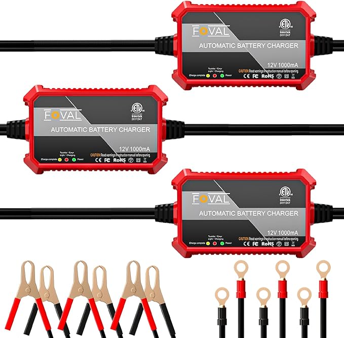 [3-Pack] 1000mA Car Battery Charger, FOVAL 12V Fully Automotive Battery Charger Maintainer, Trickle Charger, Float Charger and Desulfator for Motorcycle, ATV Car Lawn Mower and Lead Acid Batteries