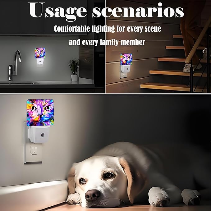 FSHVQKD Colorful Cat Face Night Light,Plug Into Wall Decor for Stairway,Hallway,Kitchen,Dusk to Dawn Sensor Nightlights for Boys/Girls/Women/Men Room Gifts