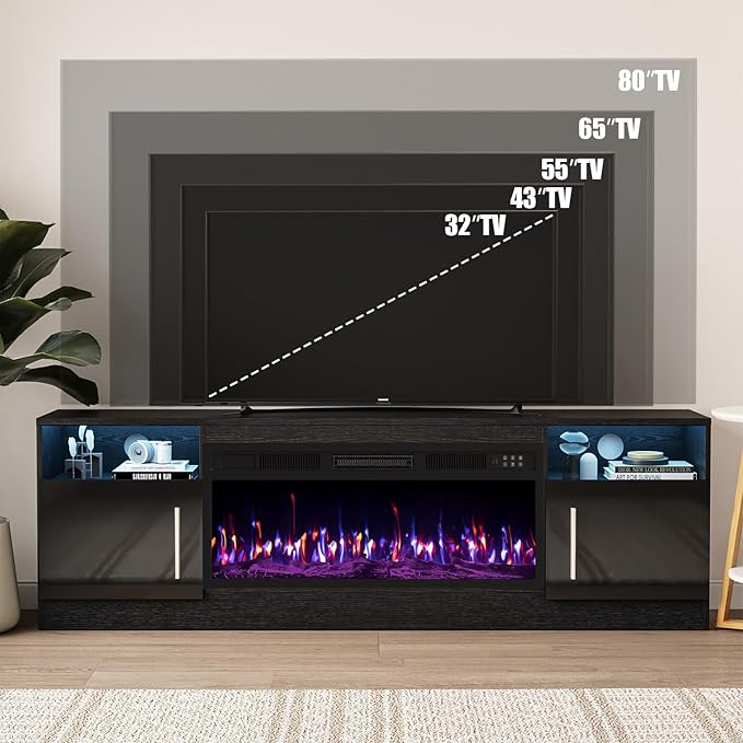 VITESSE Fireplace with TV Stand 36" inch Electric Fireplace Up to 80" TVs, LED Light Entertainment Center, 70" Modern Wood High Gloss with Highlight Storage Cabinet for Living Room (Black)