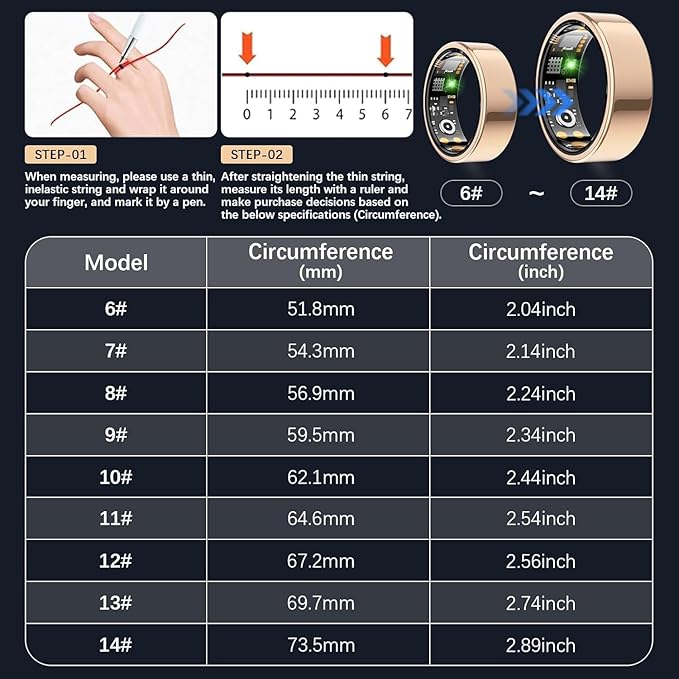 Smart Health Ring for Women Men, Fitness Tracker Ring with Heart Rate, Blood Oxygen, Sleep Tracker, Step Tracker, No Subscription Fee, IP68 Waterproof Smart Ring for iphone & Android (Rose Gold, 11#)