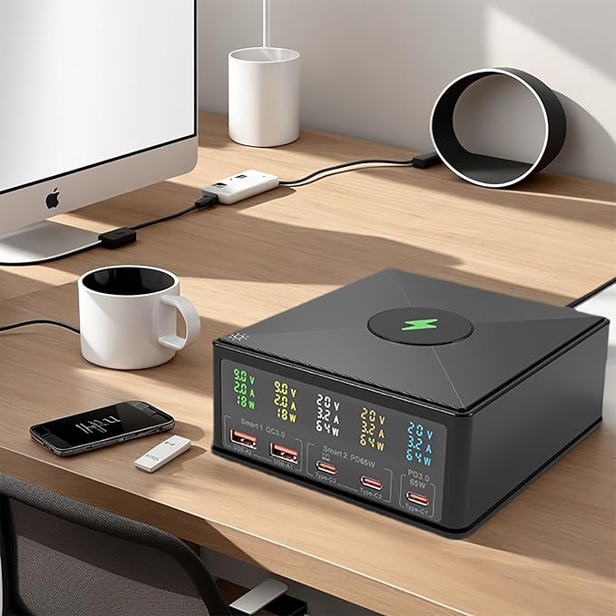 USB Charger Station Multi Port: Desktop 160W Power Fast Charging Hub Wall Block PD 3.0 – 5 Ports with Wireless Pad & Digital Display