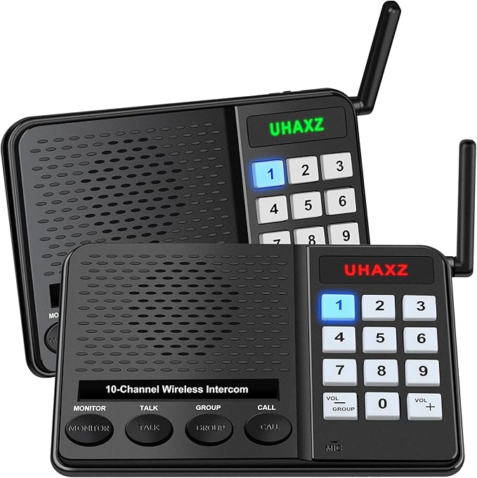 UHAXZ Intercoms Wireless for Home, Long Range Wireless Intercom 6000ft, Intercoms for Home with Group Call, Monitor Function, 8 Volume Levels Intercom System for House Business Office Elderly(2 Packs)