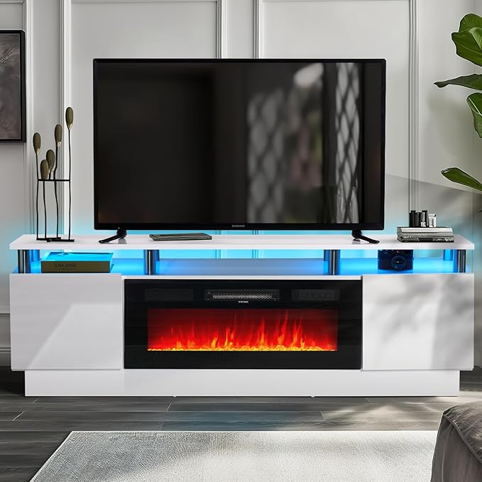 oneinmil Fireplace TV Stand with 36" Electric Fireplace,LED Light Entertainment Center,2 Tier TV Console Stand for TVs Up to 80",Fireplace for The Living Room TV Stand,White