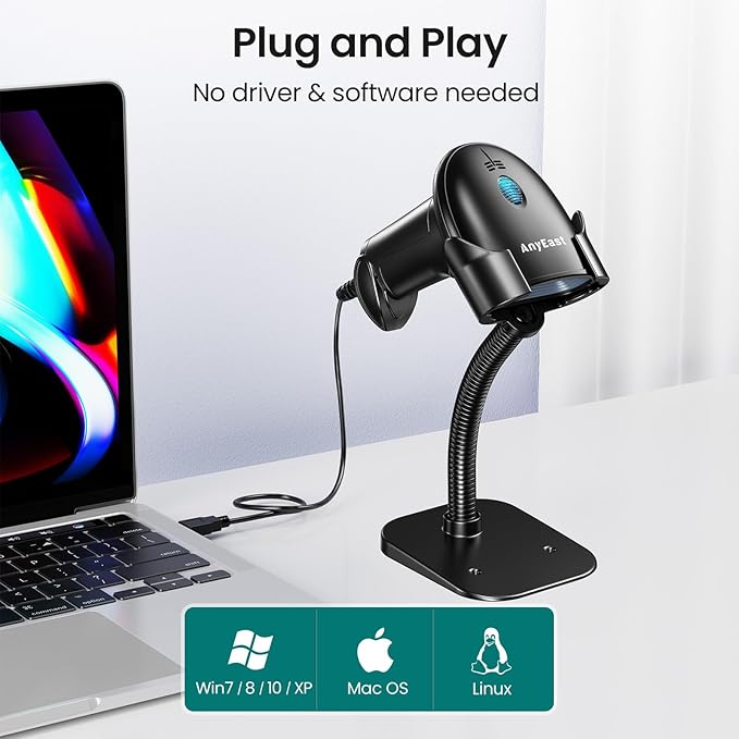 Anyeast 2D 1D Barcode Scanner : USB Wired Inventory QR Scanner with Stand for Computer POS MAC with Automatic Scanning, Handheld CMOS Image Bar Code Reader for Warehouse Library Supermarket
