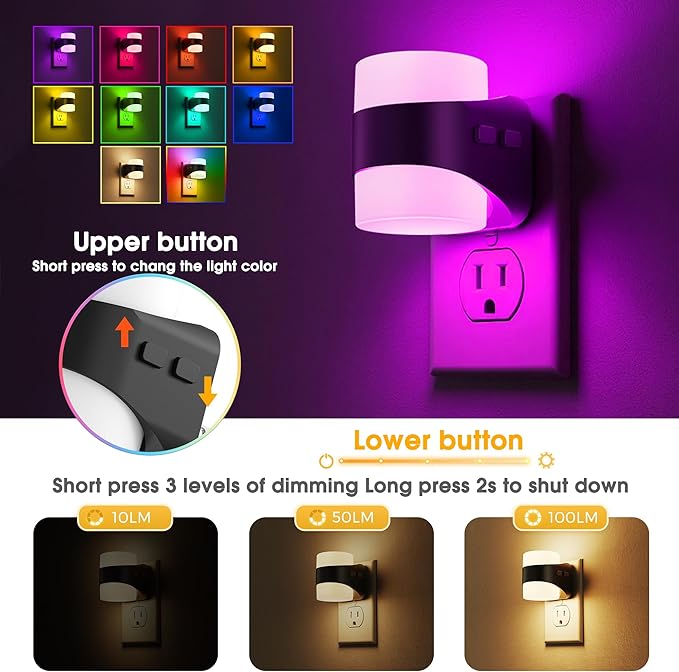 L LOHAS LED Colored Night Lights Plug into Wall, 3 Brightness Level, 1W Low Power Nightlight with Auto On/Off Sensor, Ideal for Living Room, Bathroom, Bedroom, Kids Room, 2 Pack