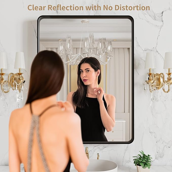 LOAAO 20X16 Inch Black Metal Framed Bathroom Mirror for Wall, Matte Black Bathroom Vanity Mirror Farmhouse, Large Rounded Rectangle Mirror, Anti-Rust, Hangs Horizontally or Vertically