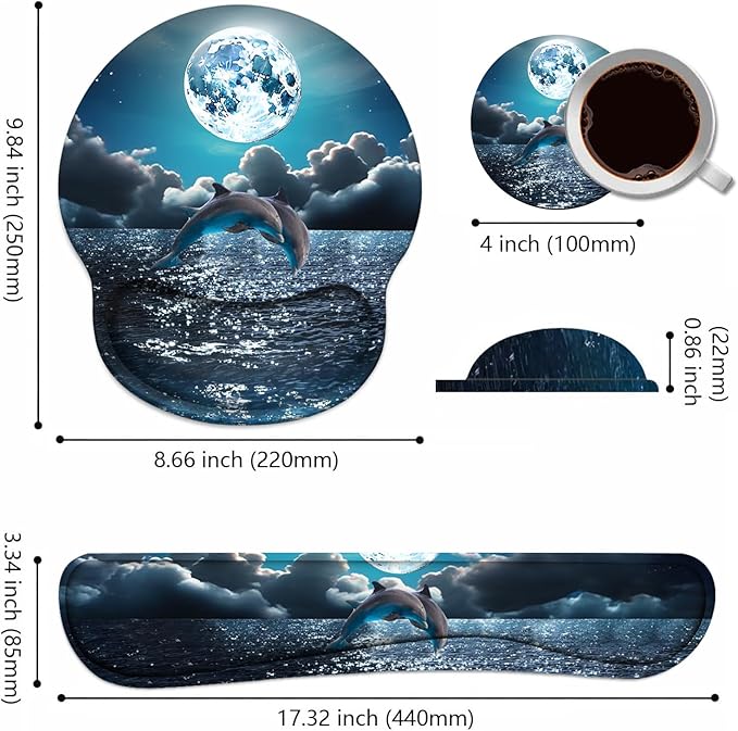 Keyboard Wrist Rest + Mouse Pad Wrist Support Set with Coasters, Non-Slip PU Base Ergonomic Mousepad for Home Office Working Studying Easy Typing & Pain Relief, Dolphin