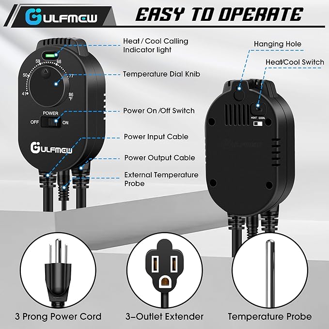 Plug in Thermostat for Heater, Thermostat Plug Outlet with 4.9FT Power Cord, Heating and Cooling Thermostats Outlet with Temperature Probe for Space Heater, Greenhouse Fan(Black,1 Pcs)