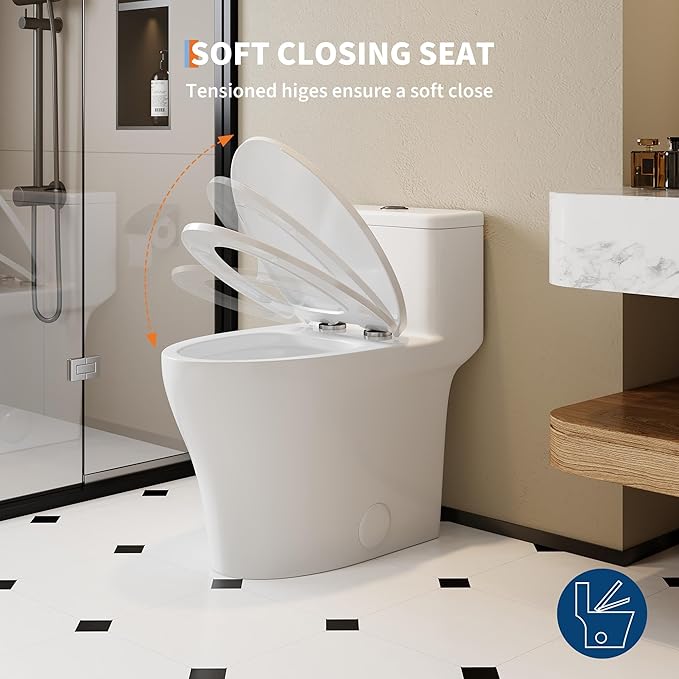 One-Piece Toilets, Low Water Tank, ADA 17.5" Seat Height, Water-Saving Design, Compact Modern Bathroom Toilet