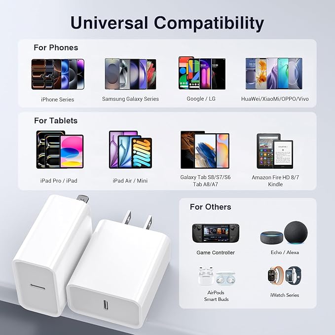 30W USB C Charger, 2 Pack Wall Fast Charger Block Power Adapter Charging Cube Compatible with iPhone 16/Pro/Pro Max/Plus/15/14/13/12, iPad Air, AirPods 4/3/2/Pro, Apple Watch 10/Ultra 2, Galaxy
